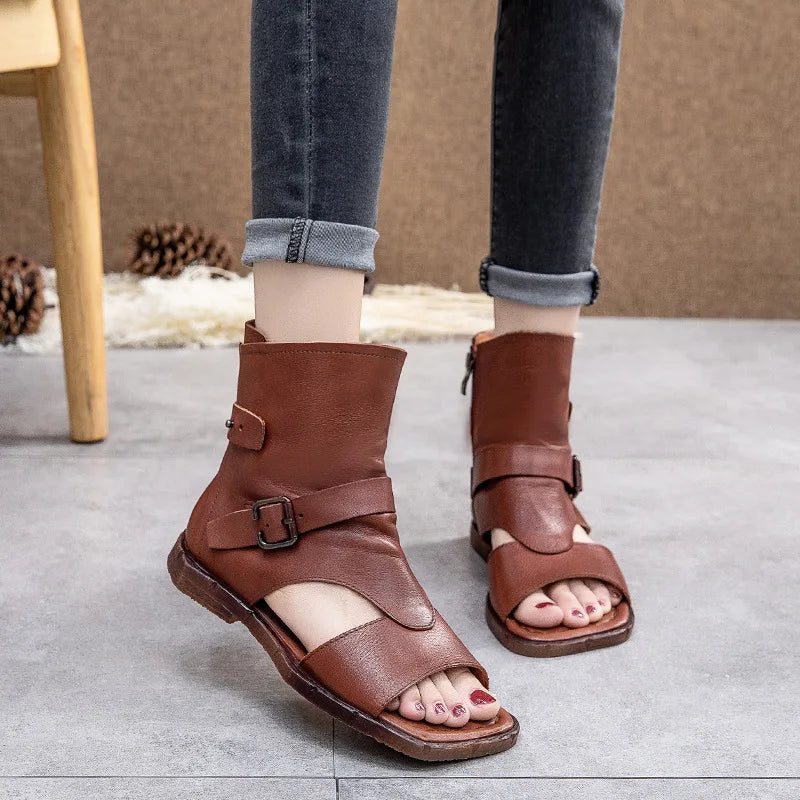 Spring 2021 new leather vintage handmade open-toe side zipper flat flat boots and sandals for women