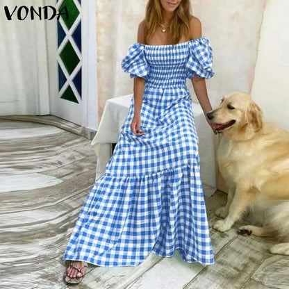 VONDA 2024 Summer Women Maxi Dress Casual Short Sleeve Square Collar Vintage Plaid Party Bohemian Vestidos Loose Long Sundress
