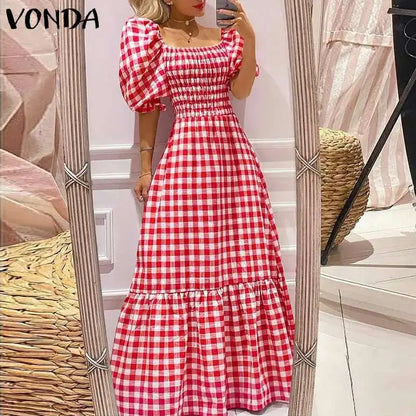VONDA 2024 Summer Women Maxi Dress Casual Short Sleeve Square Collar Vintage Plaid Party Bohemian Vestidos Loose Long Sundress