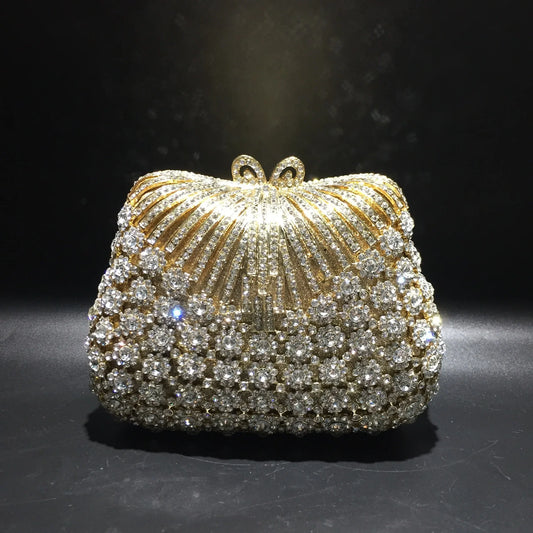 Women Gold Color Flower Rhinestones Clutch Bags Crystal Evening Purse Stones Metal Clutches Small Minaudiere Handbag Wedding Bag