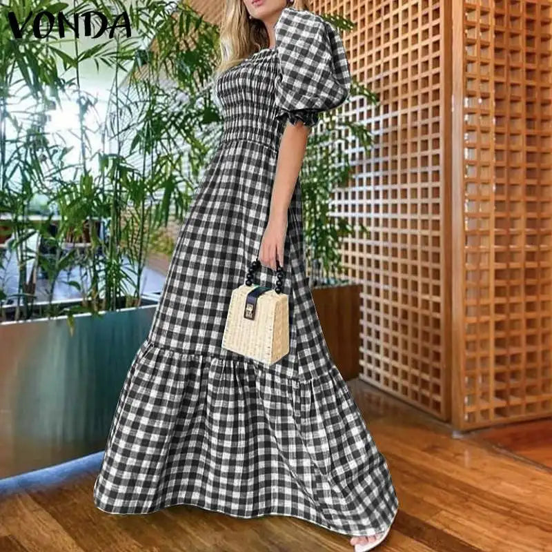 VONDA 2024 Summer Women Maxi Dress Casual Short Sleeve Square Collar Vintage Plaid Party Bohemian Vestidos Loose Long Sundress