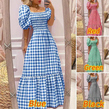 VONDA 2024 Summer Women Maxi Dress Casual Short Sleeve Square Collar Vintage Plaid Party Bohemian Vestidos Loose Long Sundress