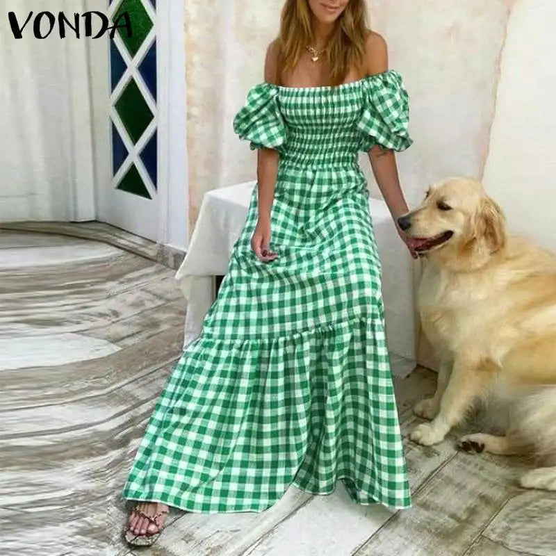 VONDA 2024 Summer Women Maxi Dress Casual Short Sleeve Square Collar Vintage Plaid Party Bohemian Vestidos Loose Long Sundress