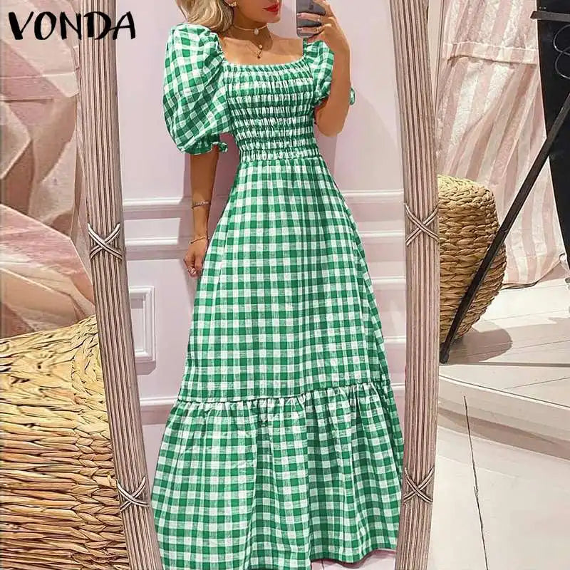 VONDA 2024 Summer Women Maxi Dress Casual Short Sleeve Square Collar Vintage Plaid Party Bohemian Vestidos Loose Long Sundress