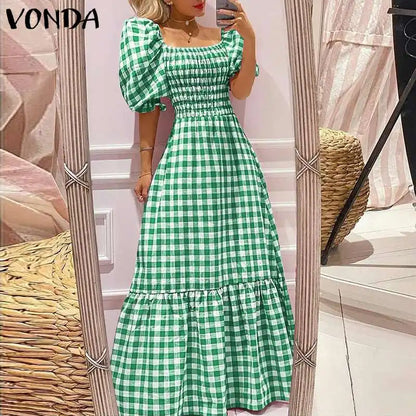VONDA 2024 Summer Women Maxi Dress Casual Short Sleeve Square Collar Vintage Plaid Party Bohemian Vestidos Loose Long Sundress
