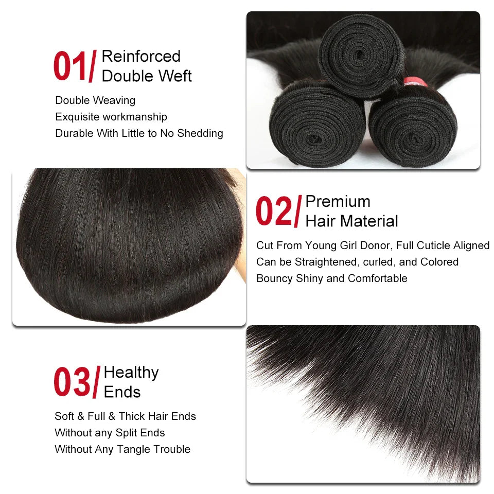 Sleek Straight Hair Bundles Brazilian Hair Bundles Remy Human Hair Extensions 1/3/4 Bundle Deals Weave Double Weft Weave