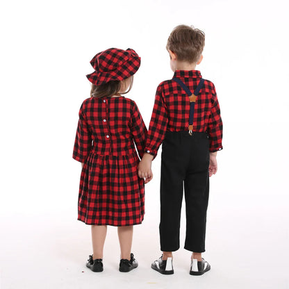 top and top Autumn Winter Christmas Brother and Sister Matching Sets Boys Gentleman Suit+ Girls Dresses Children Clothing Sets