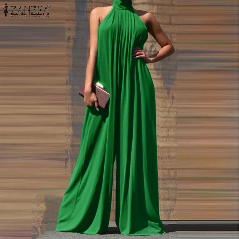 ZANZEA 2024 Summer Women Party Elegant Jumpsuits Wide Leg Rompers Solid Color Wide Leg Playsuits Holiday Chic Sleeveless Overall