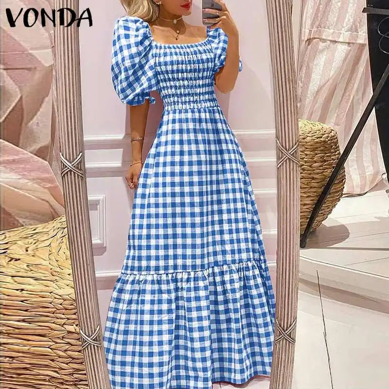 VONDA 2024 Summer Women Maxi Dress Casual Short Sleeve Square Collar Vintage Plaid Party Bohemian Vestidos Loose Long Sundress