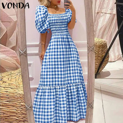 VONDA 2024 Summer Women Maxi Dress Casual Short Sleeve Square Collar Vintage Plaid Party Bohemian Vestidos Loose Long Sundress