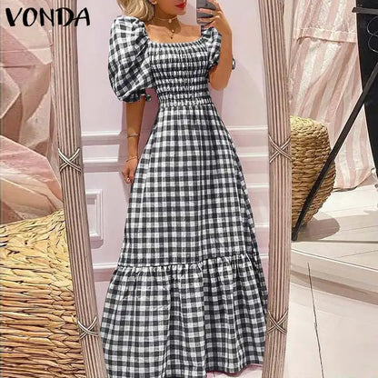 VONDA 2024 Summer Women Maxi Dress Casual Short Sleeve Square Collar Vintage Plaid Party Bohemian Vestidos Loose Long Sundress