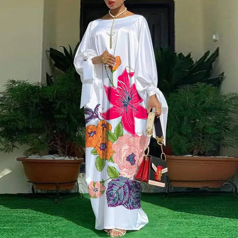 VONDA Elegant Floral Kaftan Maxi Dress – Loose Fit Satin Robe for Women