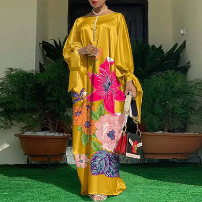 VONDA Elegant Floral Kaftan Maxi Dress – Loose Fit Satin Robe for Women