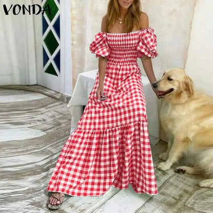 VONDA 2024 Summer Women Maxi Dress Casual Short Sleeve Square Collar Vintage Plaid Party Bohemian Vestidos Loose Long Sundress