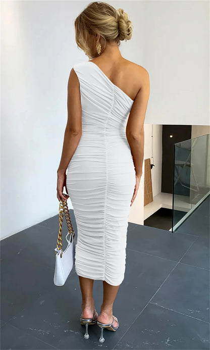 Women's Sexy Bodycon One Shoulder Sleeveless Ruched Midi Club Elegant Party Dresses