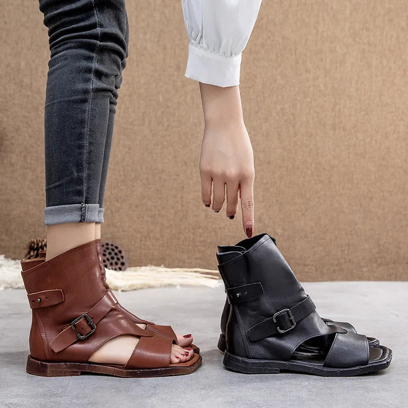 Spring 2021 new leather vintage handmade open-toe side zipper flat flat boots and sandals for women