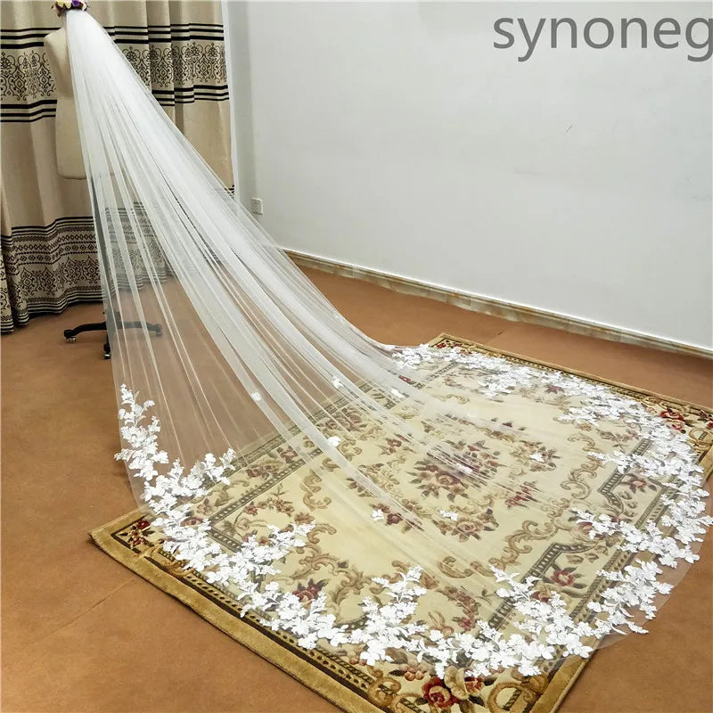 One Layer Cathedral Wedding Veil 3m/4m/5m White Lace Edge Bridal Veil with Comb Ivory Appliqued Real Photo 3m 4m 5m