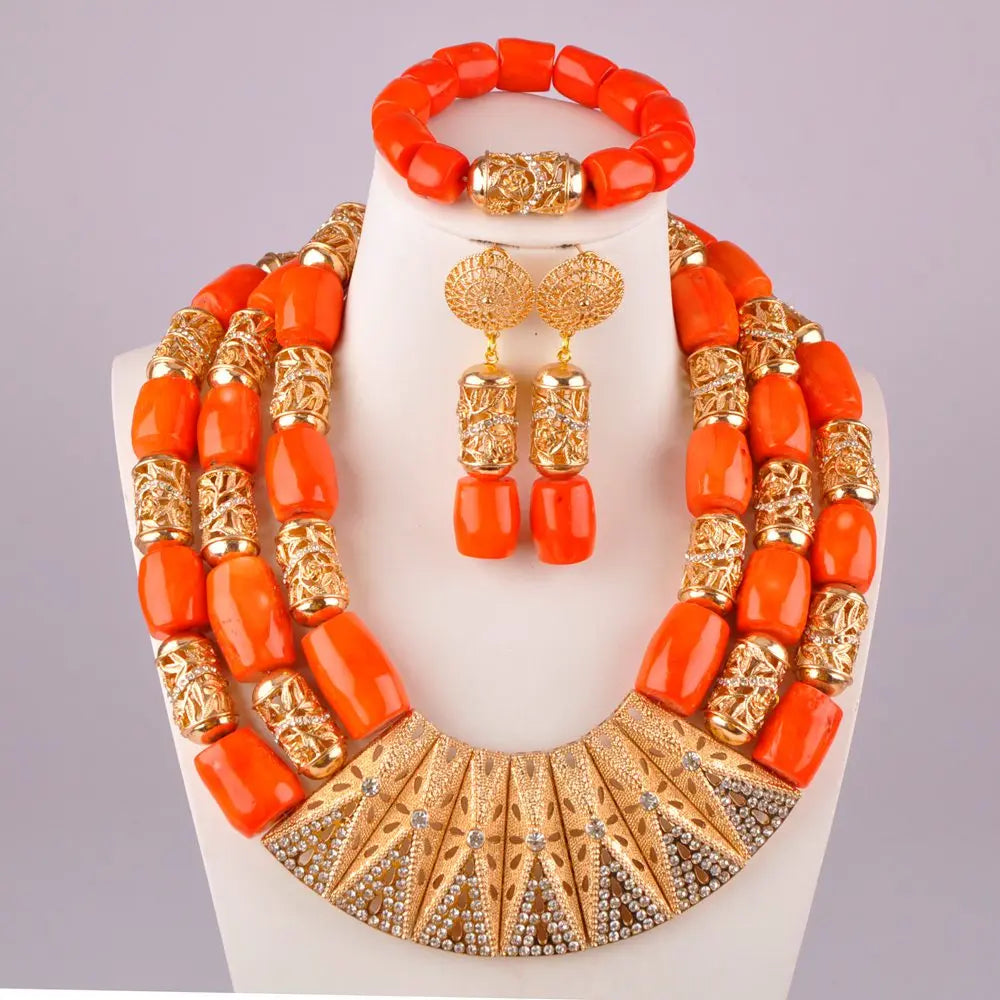 splendid orange nigeria coral beads necklace african jewelry set bridal wedding jewelry sets C21-23-01