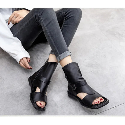 Spring 2021 new leather vintage handmade open-toe side zipper flat flat boots and sandals for women