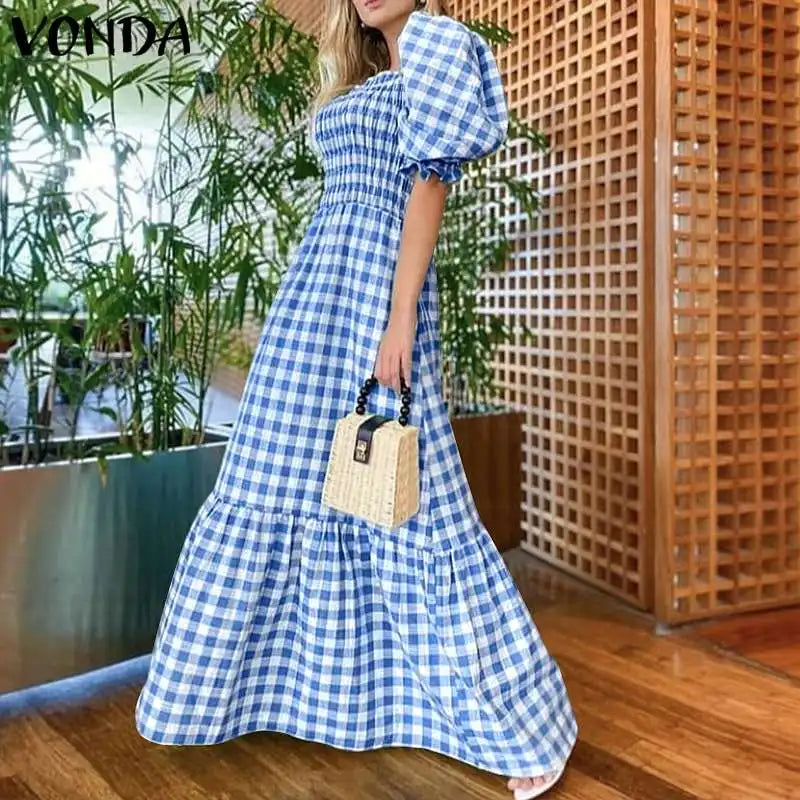 VONDA 2024 Summer Women Maxi Dress Casual Short Sleeve Square Collar Vintage Plaid Party Bohemian Vestidos Loose Long Sundress