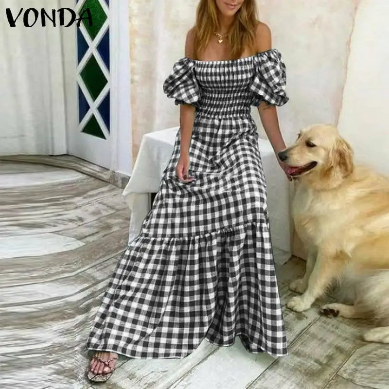 VONDA 2024 Summer Women Maxi Dress Casual Short Sleeve Square Collar Vintage Plaid Party Bohemian Vestidos Loose Long Sundress