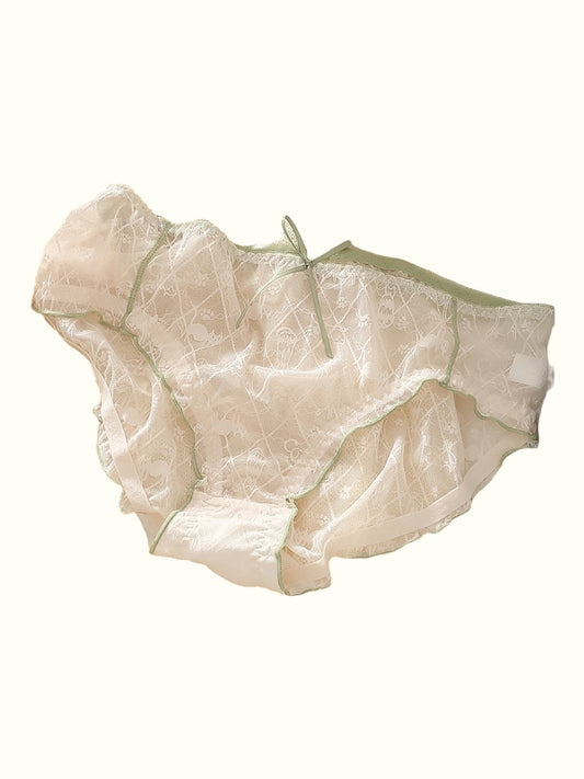 Sheer Lace Cat Print Panties Coquette Ruffle Trim-0