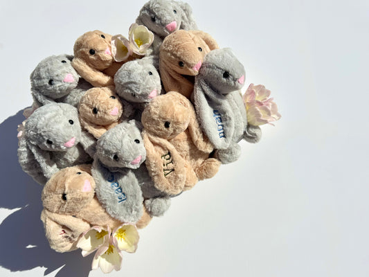 Collection of small plush toys resembling bunnies on a light background