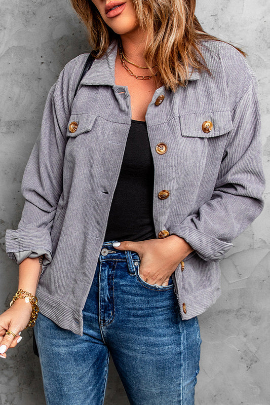 Shaunna Ribbed Corduroy Long Sleeve Jacket with Pocket-0