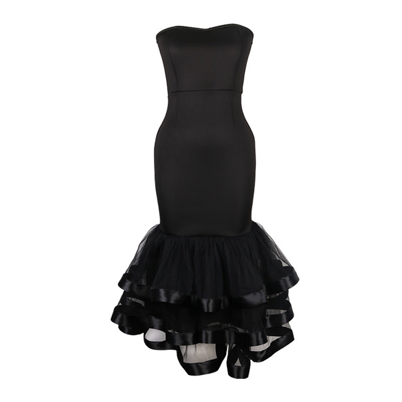 Sexy Tube Top High Waist Hip Mesh Stitching Cocktail Party Banquet Dress
