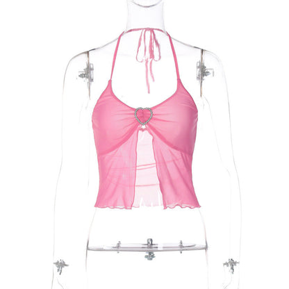 Sexy Pink Mesh Halter Top – Chest-Wrapped Crop Vest with Sheer Stitching
