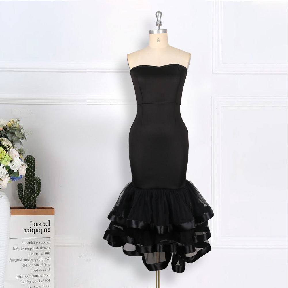 Sexy Tube Top High Waist Hip Mesh Stitching Cocktail Party Banquet Dress