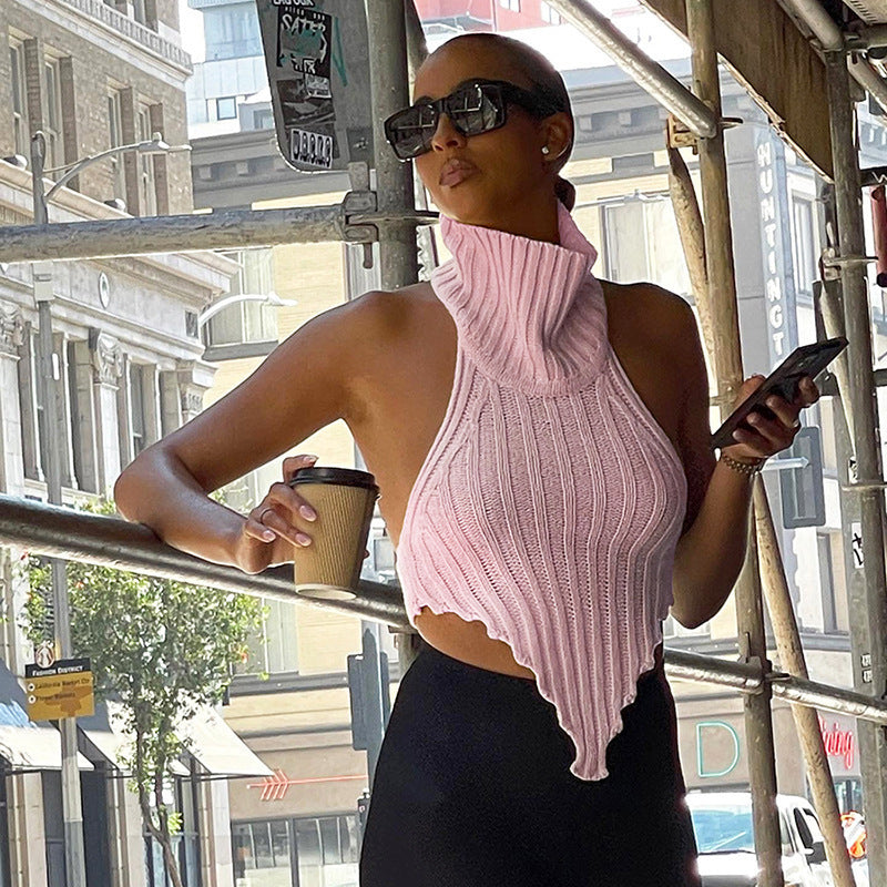 Women's Solid Color Turtleneck Irregular Slim Fit Knit Tank Top