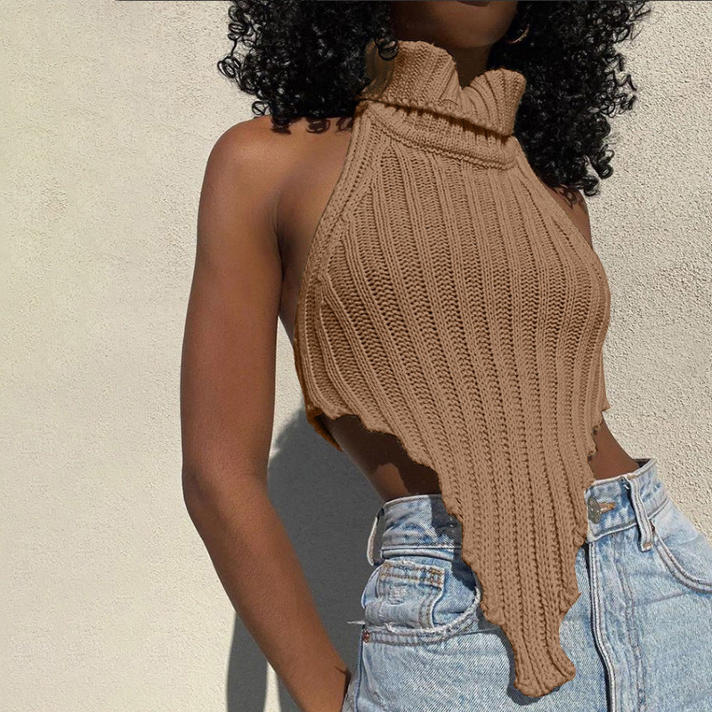 Women's Solid Color Turtleneck Irregular Slim Fit Knit Tank Top