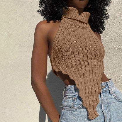 Women's Solid Color Turtleneck Irregular Slim Fit Knit Tank Top