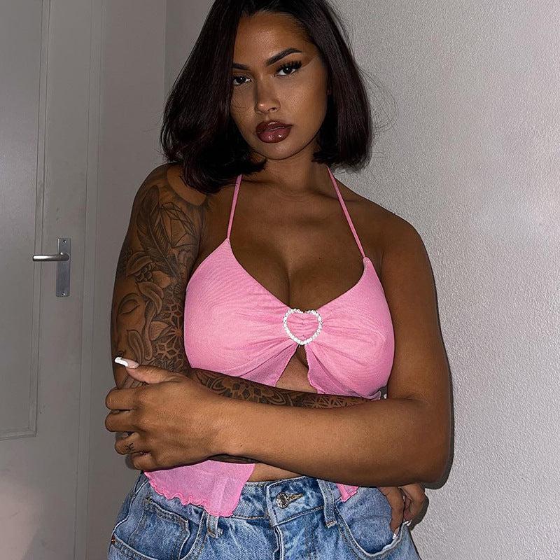 Sexy Pink Mesh Halter Top – Chest-Wrapped Crop Vest with Sheer Stitching