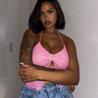 Sexy Pink Mesh Halter Top – Chest-Wrapped Crop Vest with Sheer Stitching