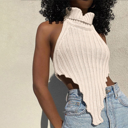 Women's Solid Color Turtleneck Irregular Slim Fit Knit Tank Top
