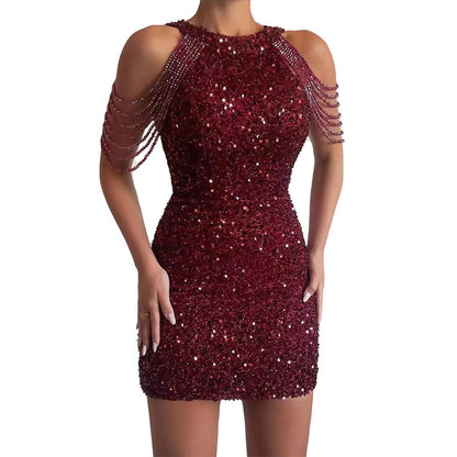 Sexy fashion halter off-the-shoulder fringe wrap hip crystal splicing sequin dress