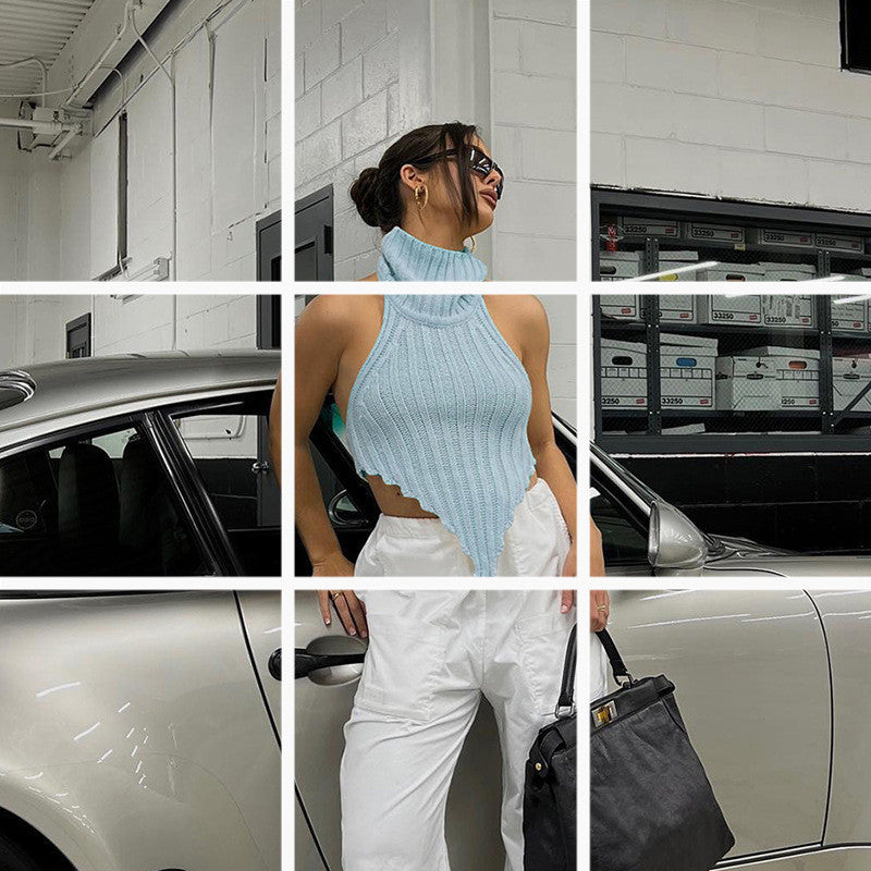 Women's Solid Color Turtleneck Irregular Slim Fit Knit Tank Top