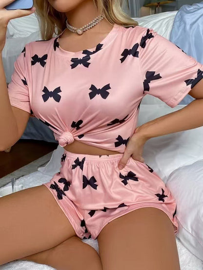 Round Neck T-shirt Pajamas Shorts Sweet Two-piece Set Suit