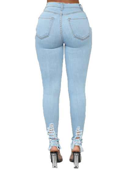 Trendy Hollow Out Solid Women Pencil Jeans
