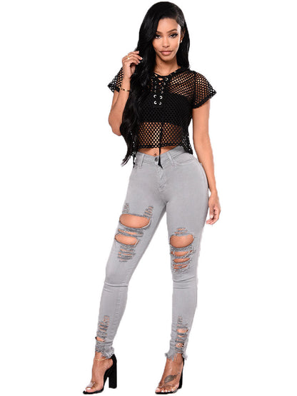 Trendy Hollow Out Solid Women Pencil Jeans