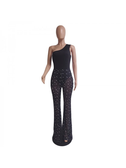 See Through Beaded One Shoulder Trouser Sets