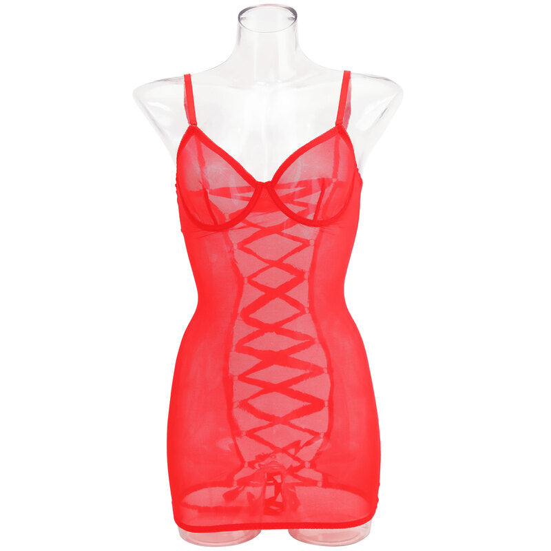 Red See-Through Mesh Chemise with Open Back Front View