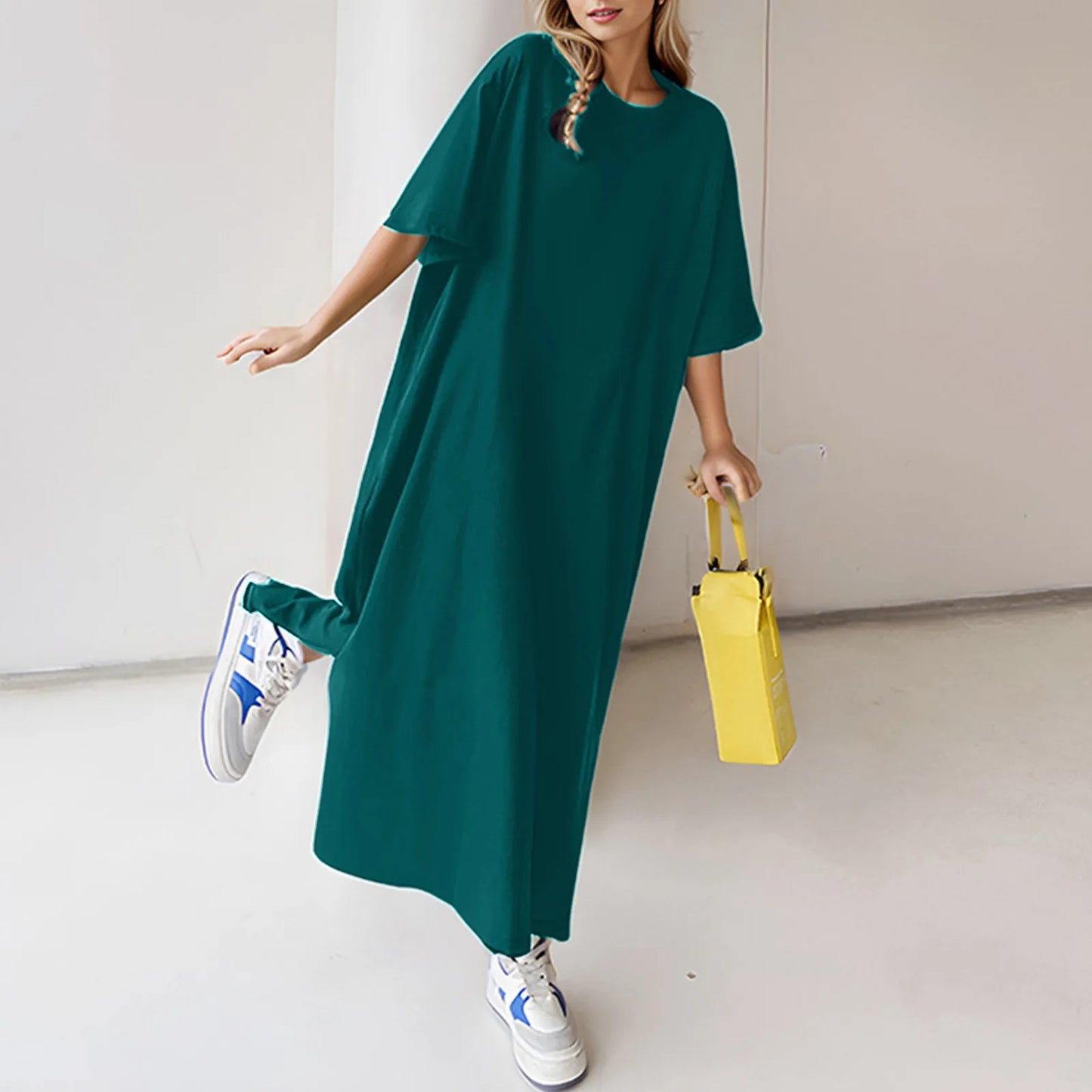 Summer Solid Color T Shirt Dress Casual Short Sleeved Loose Dresses Round Neck Slit Maxi Dress For Women Elegant Vestidos 2024