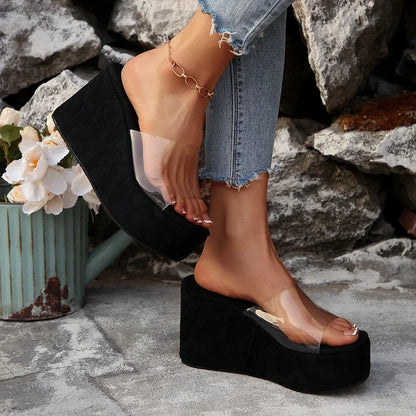 Trade Big Size New Style One-Strip Transparent Toe Exposed Platform Thick-Heeled Waterproof Platform Slippers Women's Slippers
