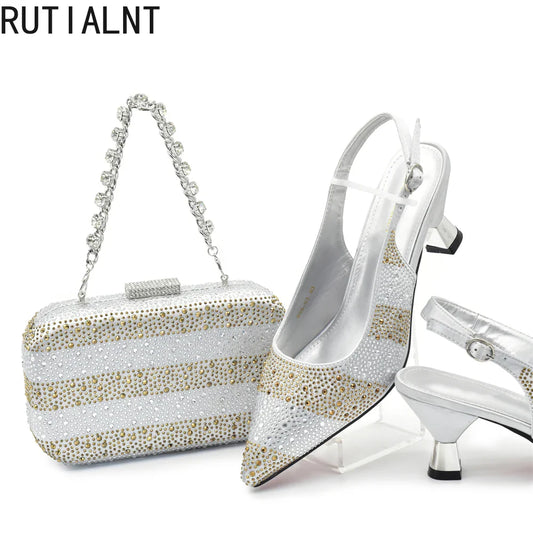 RUTIALNT Silver & Gold Crystal Shoe and Bag Set for Women