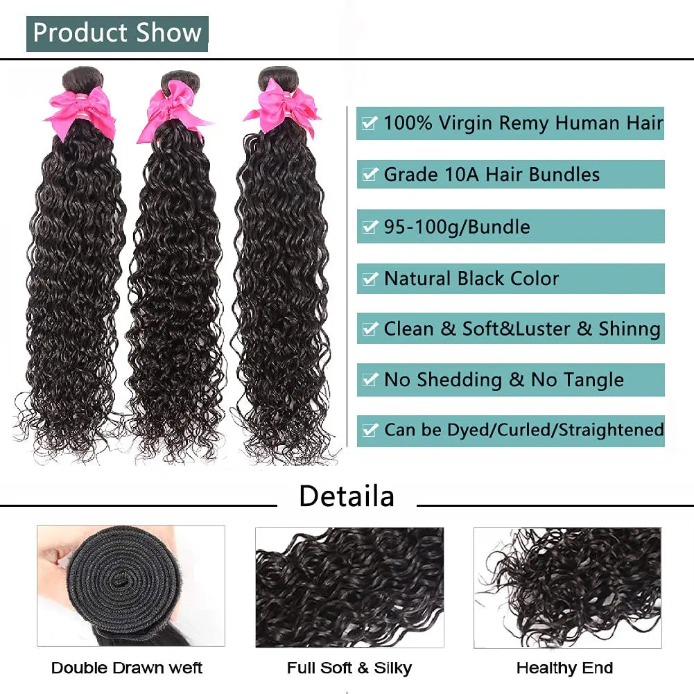 Water Wave Human Hair Bundles Curly Deep Wave 3 Bundles  Brazilian Natural Black Human Hair Remy Hair 100% Human Hair Natural