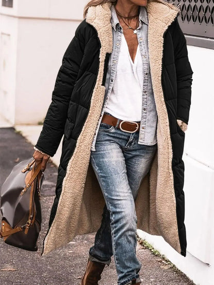 Winter Hooded Quilted Jacket For Women Solid Reversible Long Sleeve Thick Coat Warm Fashion Long Outerwear Casual Puffer Coats