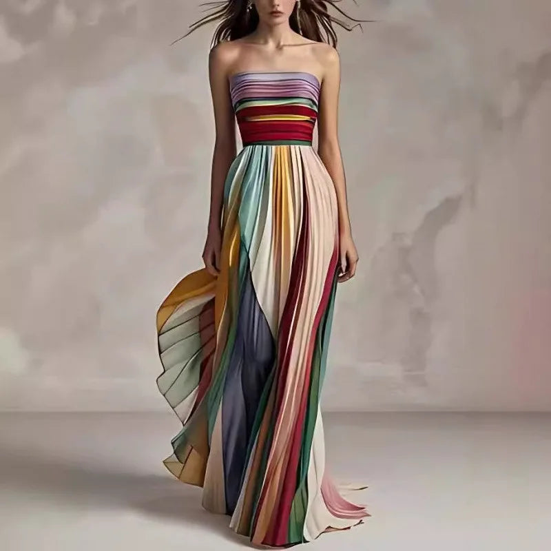 Sexy Strapless Printed Colorful Dress For Summer Elegant Women's Sleeveless Off Shoulder Party Asymmetrical Dress Maxi Vestidos